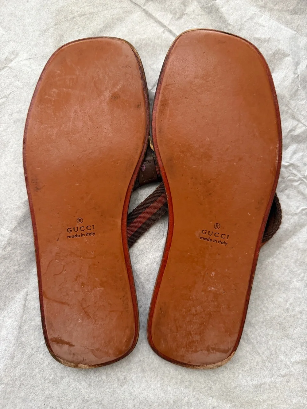 Vintage Gucci GG Web Leather Thong Sandals Flip Flops Brown Y2K era Size 38